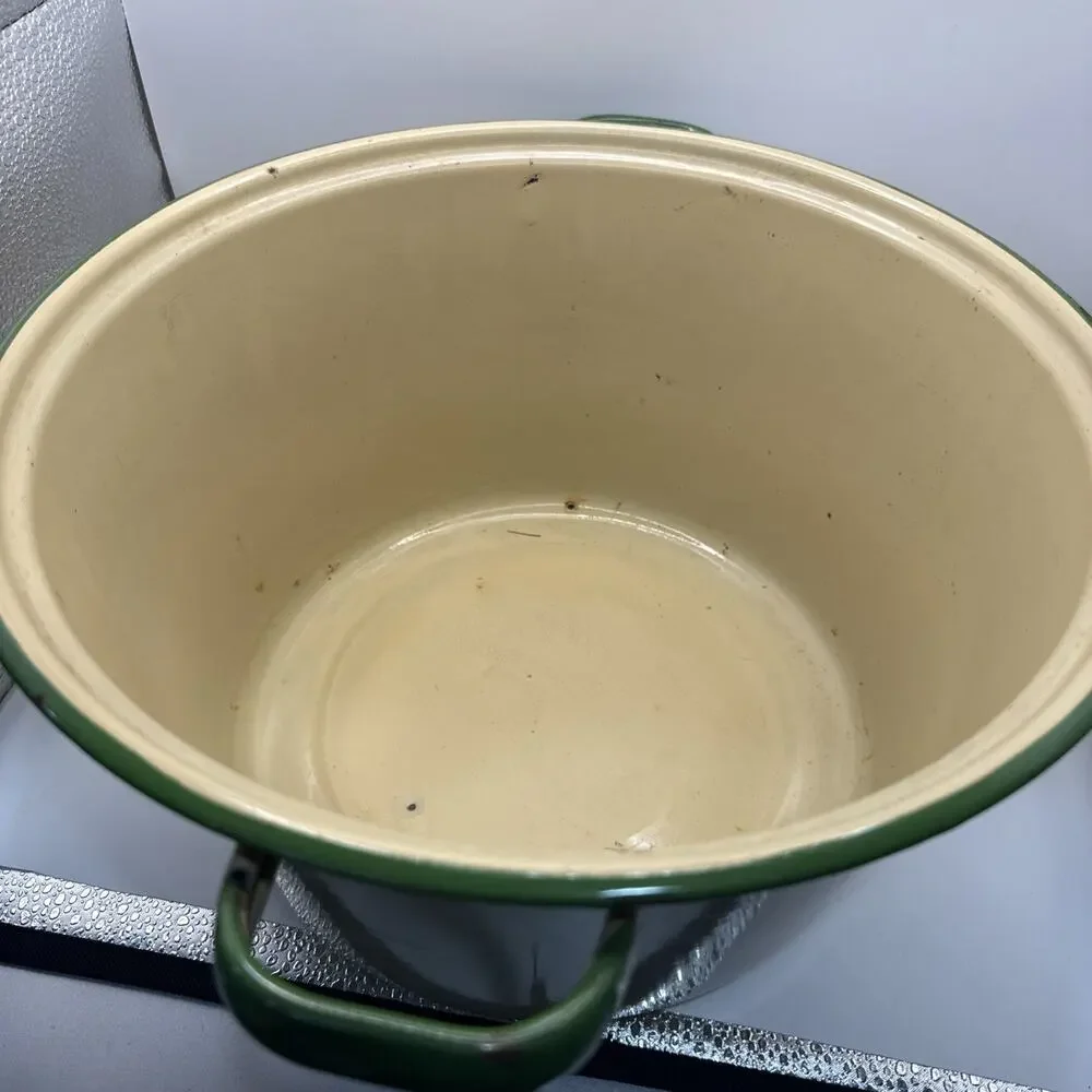 Vintage Cream And Green Enamel Cast-Iron Dutch Oven With Lid